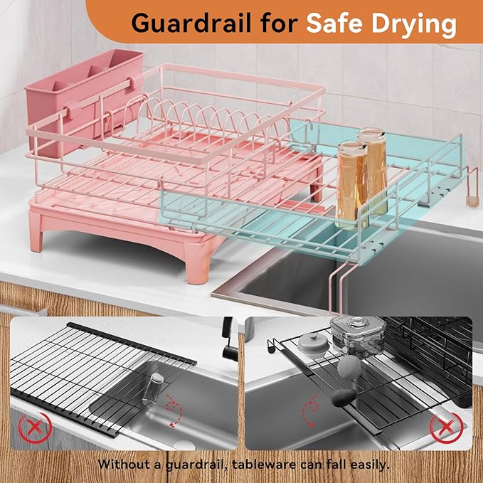 Dish Drying Rack - Expandable Rack, Large Capacity Dish Drainer for Kitchen Counter, Rust-Proof with Utensil Holder, Pink