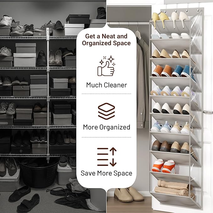 SLEEPING LAMB 10 Tiers Over The Door Shoe Organizer with Clear Deep Pockets, Hanging Shoe Rack for Door Storage 20 Pairs Sneakers Holder for Closet Hanger Boots, Grey
