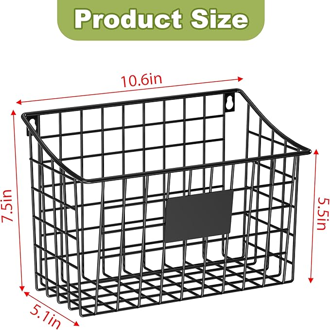 Wall Basket with Label Plate & 5 S-Hooks –4 Pack Hanging Wire Basket for Organizing, Wall Storage for Kitchen, Bathroom, Pantry, Laundry, RV – Hanging Wall Basket, Metal