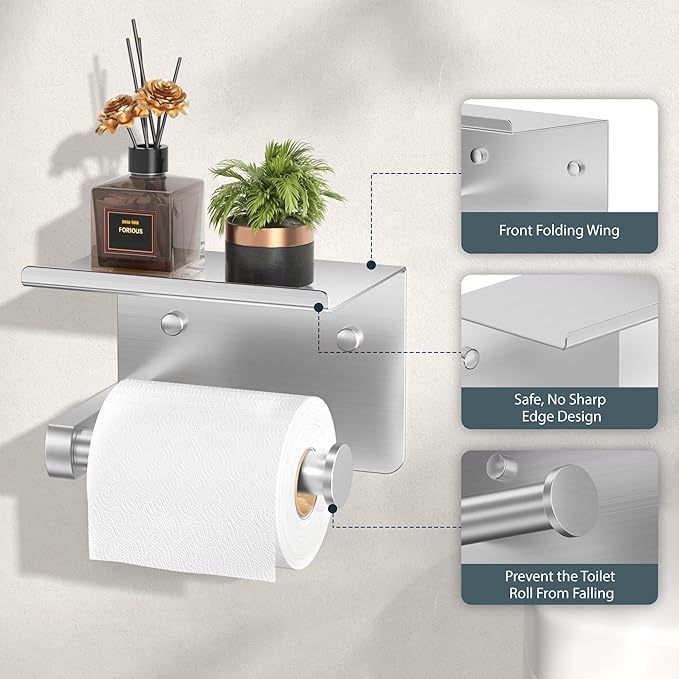 FORIOUS Toilet Paper Holder with Shelf, Adhesive or Screw Wall Mount Toilet Roll Holder for Bathroom, Rustproof 304 Stainless Steel Commercial Toilet Tissue Holder, 2 Pack Brushed Nickel