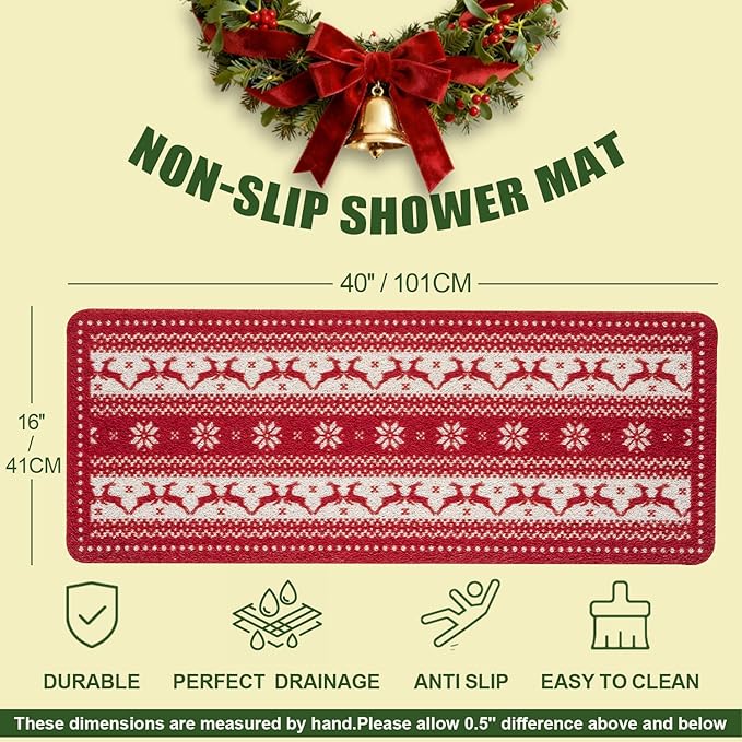 Hargiis Christmas Non-Slip Bathtub Mat, Anti Slip Shower Mat, Fast Drying Bathtub Mats, Foot Scrubber Mat, Anti Slip Mat for Tub, Floor, Bathroom, Kitchen, Home, Hotel (Reindeer Snowflake, 40"x16")