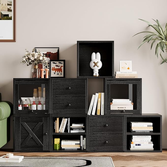 FUSUNBAO Magic DIY Cube Storage Organizer Stackable Cubes for Home Books Clothes Toy-Modular Cubby Storage System-Office Cubical-Bookcase Closet(Black, Glass Door Cube)
