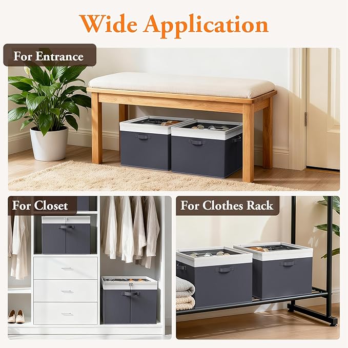Shoe Organizer for Closet - 2 Packs Hold up to 32 Pairs, Large Shoe Storage Organizer Containers with Adjustable Dividers, Clear Cover, Leather Handles for Heels, Boots, Sneakers (Gray)