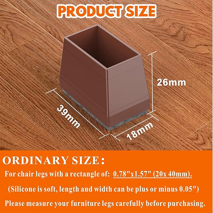 Rectangle Chair Leg Protectors for Hardwood Floors,16 PCS Silicone Covers to Protect Wood Tile Floors Felt Pads Furniture Leg Caps Reduce Noise. Easy to Move.(Brown,2 x 4 cm,Rectangle)