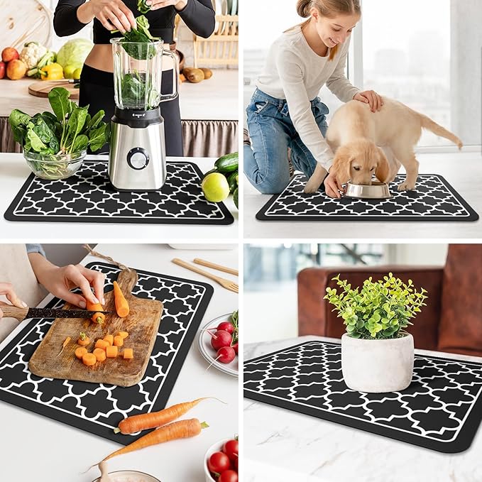 WISELIFE Dish Drying Mat Super Absorbent Drying Mat Large Dish Drying Mats for Kitchen Counter Easy Clean Dish Mat Kitchen Drying Mat16"x 24" Stylish Black