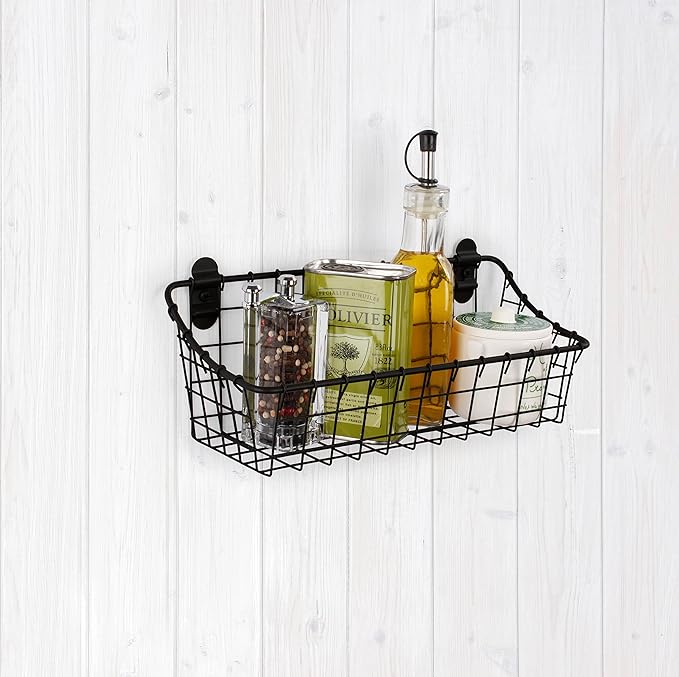 Spectrum Small Wire Wall Basket Matte Black Mounted Rustic Wall Bin, Vintage Wall Mounted Basket Organizer for Pantry Storage, Wall Mount Storage Wire Caddy for Kitchen Organization