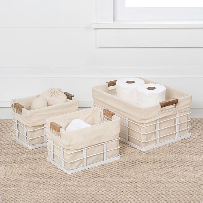 happimess BSK3002B-3SET Callan Vintage Industrial Wire Metal Nesting Storage Baskets with Wood Handles and Fabric Liner for Shelves, Cabinets, Pantry, Countertop, Mesh Open Bin, White (Set of 3)