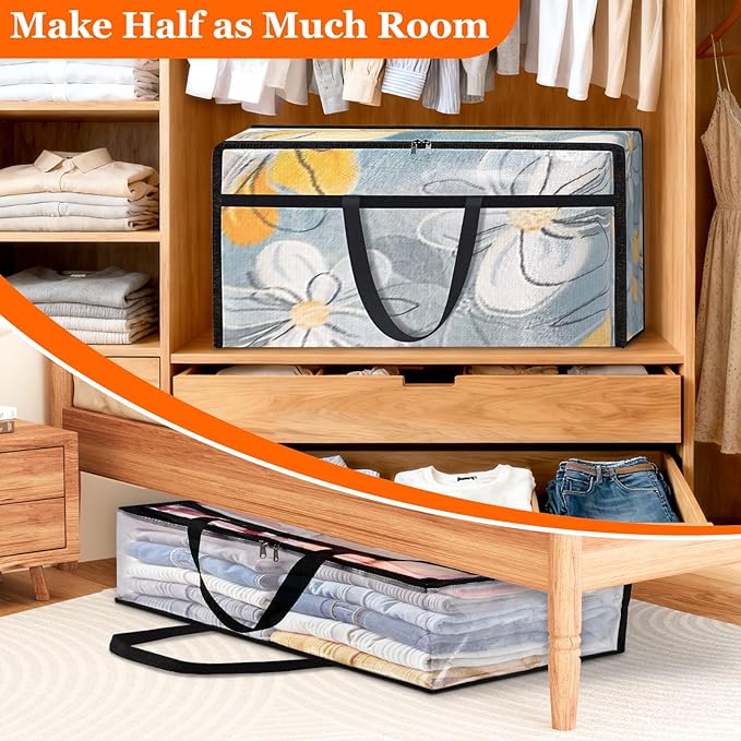6 Pack Long Clear Storage Bags for Comforter, Clothes & Bedding, Plastic Blanket Storage with Zipper and Handle, Moving Bags, Closet Organizer and Under-Bed Storage (90L, 39.4"*7.1"*19.7")