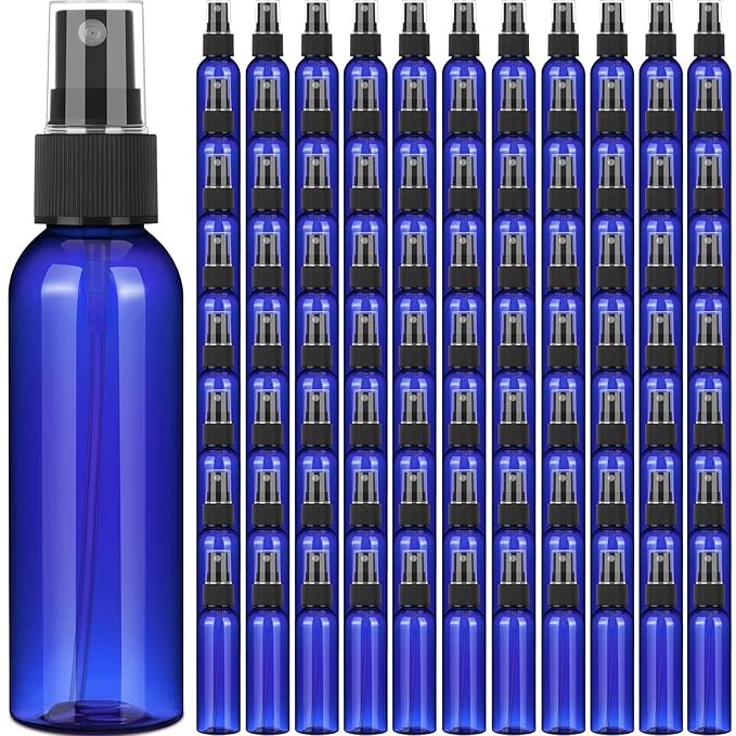 Nuogo 90 Pack 4 Oz Plastic Mini Spray Bottles Reusable Travel Size Perfume Refillable Mist Sprayer Empty Bottle for Essential Oil(Blue)