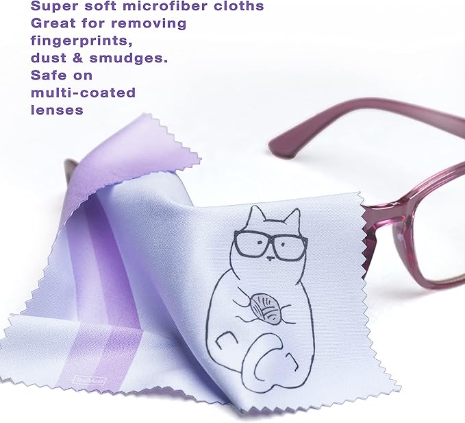 10 Pack Cute Kitty Cat Design Multicolor Microfiber Cleaning Cloths for Cleaning Eyeglasses Lenses Sunglasses and Cell Phone Beautifully Designer Colors Blue Pink Yellow Purple Green Cloth Wipes