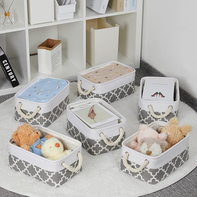 Bidtakay Small Storage Basket Cute Storage Bins Collapsible Fabric Basket Set of 6 Canvas Organizer Bin Empty Gift Baskets Baby Nursery Toys 11.8 X 7.8 X 5 Inches(White&Quatrefoil Grey)