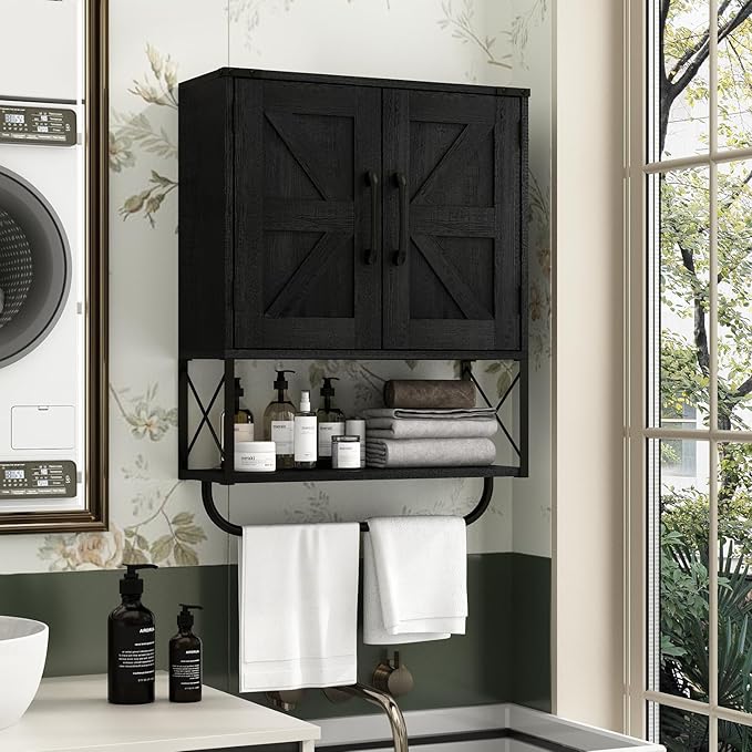 RUSTOWN Farmhouse Medicine Cabinet with 2 Barn Door, Wood Wall Mounted Storage Cabinet with Adjustable Shelf and Towel Bar, 3-Tier Bathroom Cabinet for Bathroom, Living Room(Black, Medium)