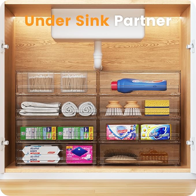 A-LuGei 【𝟰𝗣𝗖𝗦】 Acrylic Stackable Storage Drawers, 11.8" W Makeup Organizer, Bathroom Organizer and Storage, Plastic Storage Bins for Kitchen Cabinet Pantry Medicine Fridge