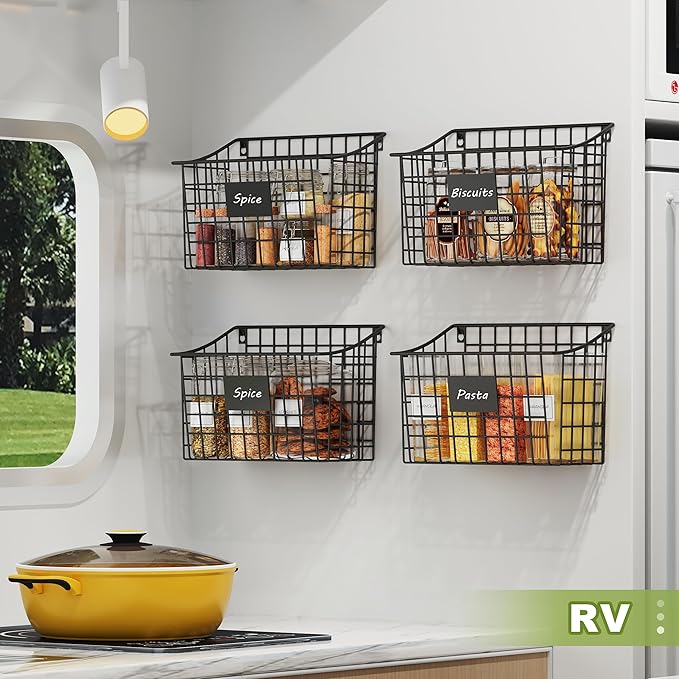 Wall Basket with Label Plate & 5 S-Hooks –4 Pack Hanging Wire Basket for Organizing, Wall Storage for Kitchen, Bathroom, Pantry, Laundry, RV – Hanging Wall Basket, Metal