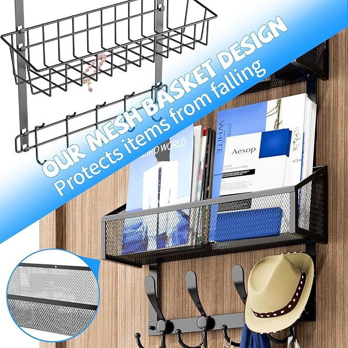 Kaiferty Over The Door Hooks Organizer, Coat Rack Over The Door Storage Hanger Towel Rack, Back of Door Storage Organizer for Bathroom,Bedroom,Kitchen,Office (Black, 4-Tier)