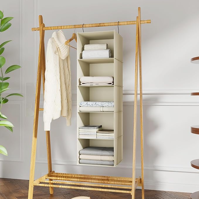 Hanging Closet Organizer, Easy Mount Foldable 5-Shelf Hanging Closet Wardrobe Storage Shelves, Clothes Handbag Shoes Accessories Storage, Washable Oxford Cloth Fabric, Beige
