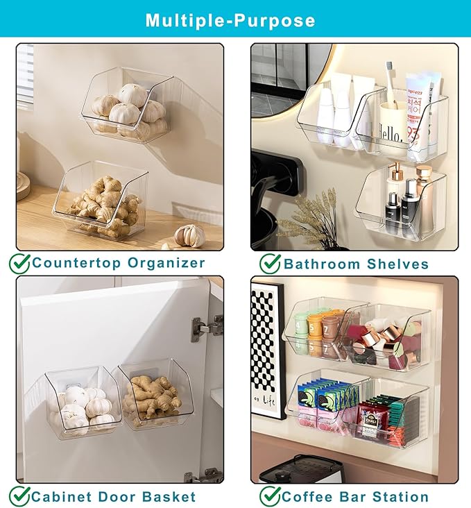 9-Pack Small Clear Storage Baskets, Adhesive Spice Rack Wall Mount for Countertop/Cabinet/Bathroom, Plastic Storage Bins Kitchen Wall Organizer and Storage Shelves, Spice Organizer