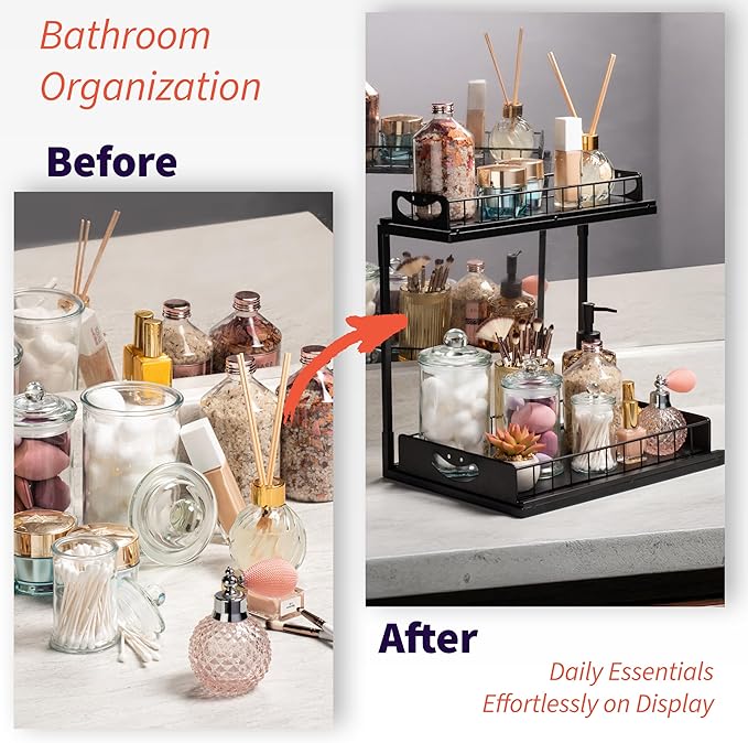 ClearSpace Under Sink Organizer, Pull Out Cabinet Organizer, 2 Pack - 2 Tier Slide Out Organizers and Storage Shelf - Metal Sliding Drawer for Kitchen Bathroom Pantry Cabinet Organization Rack, Black
