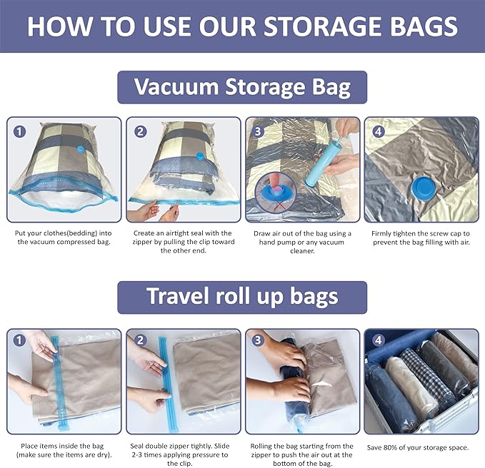 Cozy Essential 25 Pack Vacuum Storage Bags, Space Saver Bags (5 Jumbo/5 Large/5 Medium/5 Small/5 Roll) Compression for Comforters and Blankets, Pillow, Bedding, Sealer Clothes Storage,