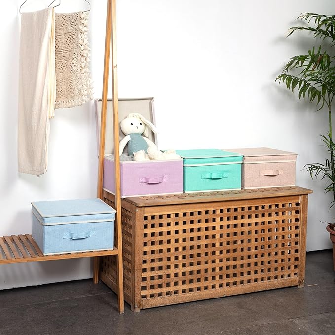 Storage Bins with Lid, Foldable Clothing Storage Box case with Handle for Closet, Bedroom, Home, 4 Color Set B, 13L x 12.5W x 7H inch