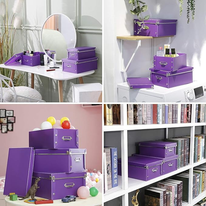 SEEKIND Storage Box, Decorative Storage Bins with Lid,3 in 1 Set,Press-Stud Fastening,Moisture-proof,Foldable for Space Saving Storage,for Clothes, Cosmetic,Blankets (Purple)
