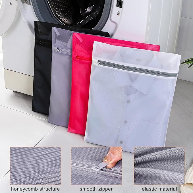 4 pack Mesh Laundry Bags,Mesh Wash Bags,Lingerie Bags for Washing Delicates,12 x 16 Inches lingerie bags for Laundry, Travel Storage Organize Bag for Cotton Clothes,Sheet, Shoes（RED)