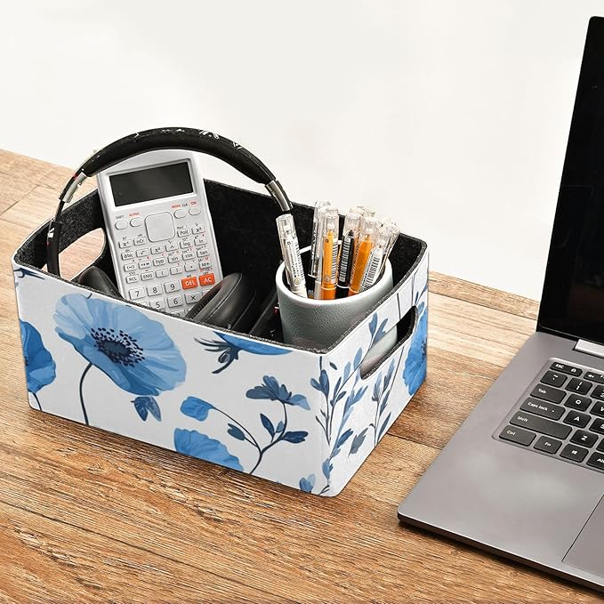Blue Poppy Flowers Closet Storage Bins 2 Pcs Felt Open Home Storage Containers Organizer with Handles Collapsible Shelf Basket for Home Office Craft Room Classroom Fabric