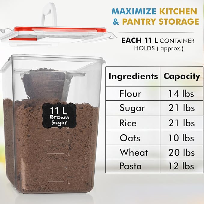 Shazo 2 PC (11L | 372 oz) Flour Sugar Storage Containers with Easy Carry Handle - Plastic Extra Large Food Storage Containers with Lids for Rice Cereal, BPA Free & Airtight Kitchen Pantry Organization