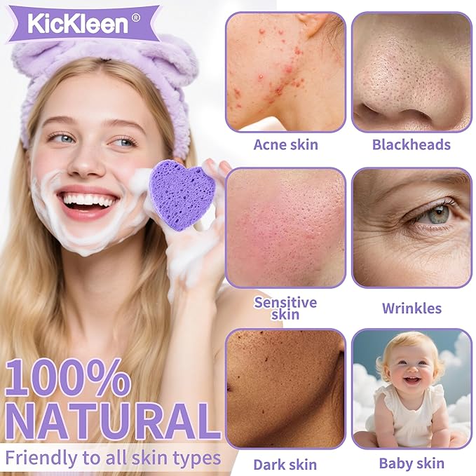 60-Count Kickleen Compressed Cellulose Heart Shape Facial Sponges | Natural Cosmetic Spa Sponges for Facial Cleansing | Exfoliating | Makeup Mask Removal | Reusable | Skin Massage (Purple)