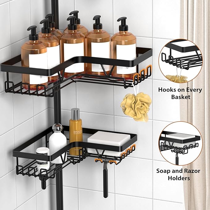 KEGII 5-Tier Corner Shower Caddy Tension Pole, Adjustable 25–114.2 Inch Rustproof Bathroom Organizer Shelves with Hooks, Soap & Razor Holder, Inverted Bottles Design, Space-Saving Storage Rack, Black