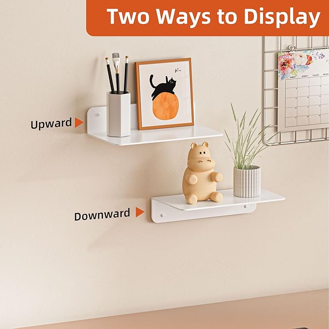 Wisfame Small Floating Shelves, 9" Adhesive Wall Shelf with Cable Hole, No Drilling, Metal Display Ledges for Living Room, Bedroom, Bathroom (White, 2 Pack)