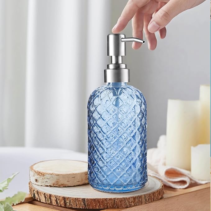 14 Oz Refillable Glass Soap Dispenser with Rust Proof Stainless Steel Pump, for Dispense Hand soap, Body wash, Lotion (Blue)