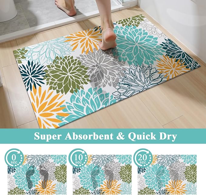 Vaukki Bathroom Rug Set 3 Piece, Non Slip Absorbent Rubber Backed Floral Bath Floor Mat Fit Under Door, Ultra Thin Quick Drying Bath Rug for Shower, Tub and Toilet, 17"x26"+17"x32"+17"x24"U, Teal
