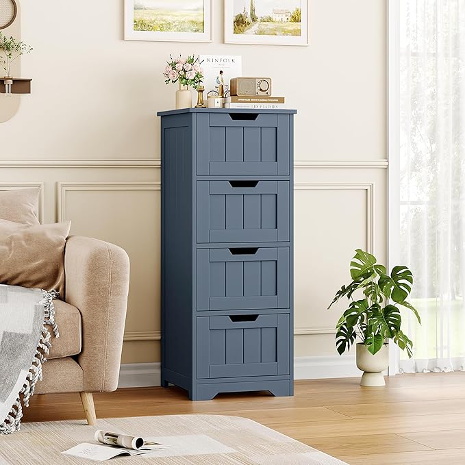 FOTOSOK Bathroom Storage Cabinet, Bathroom Cabinet with 4 Drawers, 11.8” x 11.8” x 32.5” Freestanding Entryway Cupboard Storage Organizer Unit Home Furniture Decor, Blue