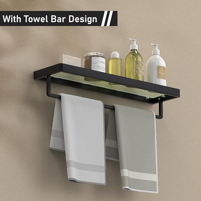 SFGSOWOR Floating Glass Shelves for Bathroom 20-in with Towel Bar/Tempered Glass Rectangular 1 Tier Organizer Shelf (Matte Black, 20'')