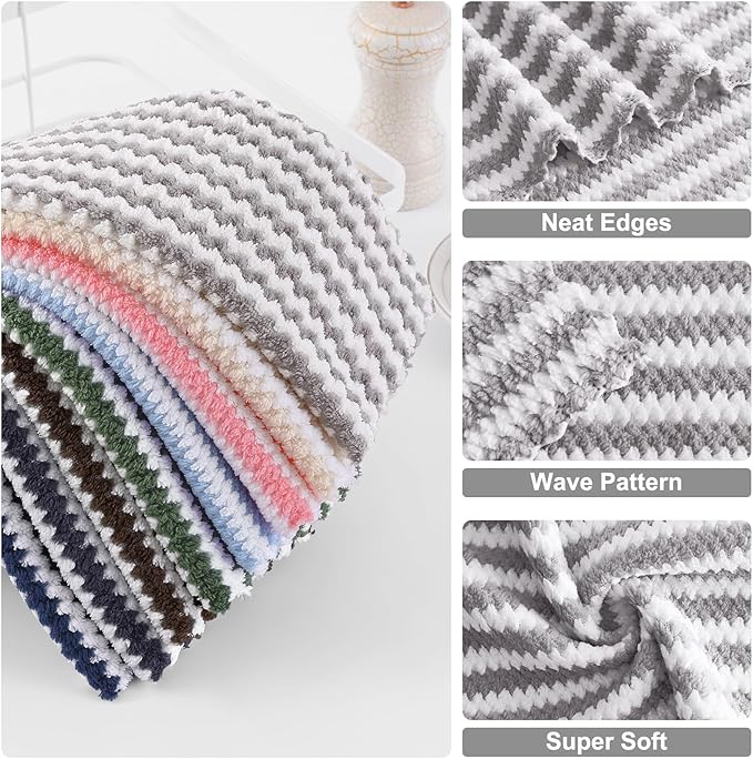 Homaxy 12 Pack Kitchen Dish Cloths, Ultra Soft and Absorbent Dish Towels, Reusable Fast Drying Microfiber Cleaning Cloth, Coral Velvet Wave Design No-lint, 10 x 10 inches, Grey