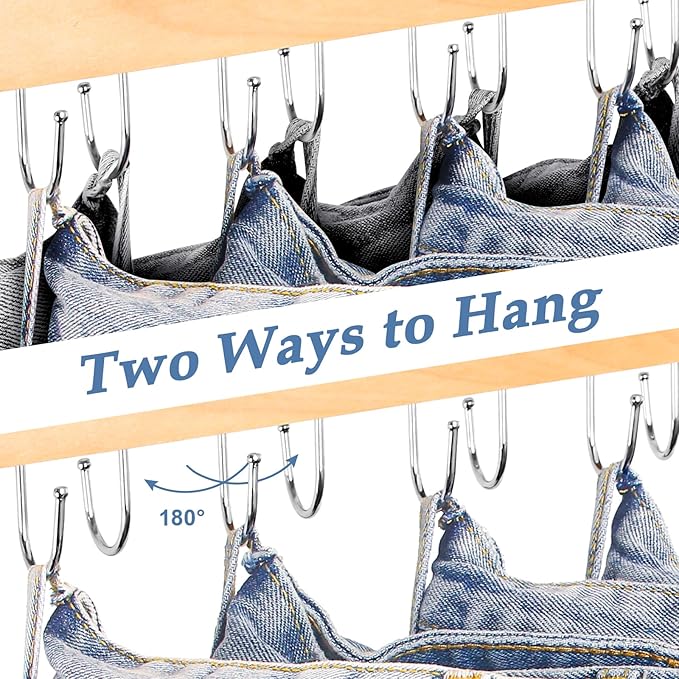 Jean Hangers for Closet, 14 Wood Jeans Hooks Space Saving, 180° Rotating Jean Hangers Holder for Skirts/Shorts/Belts/Ties, Closet Organizers and Storage, Pants Hooks for Jeans, 2 Pack, Natrual