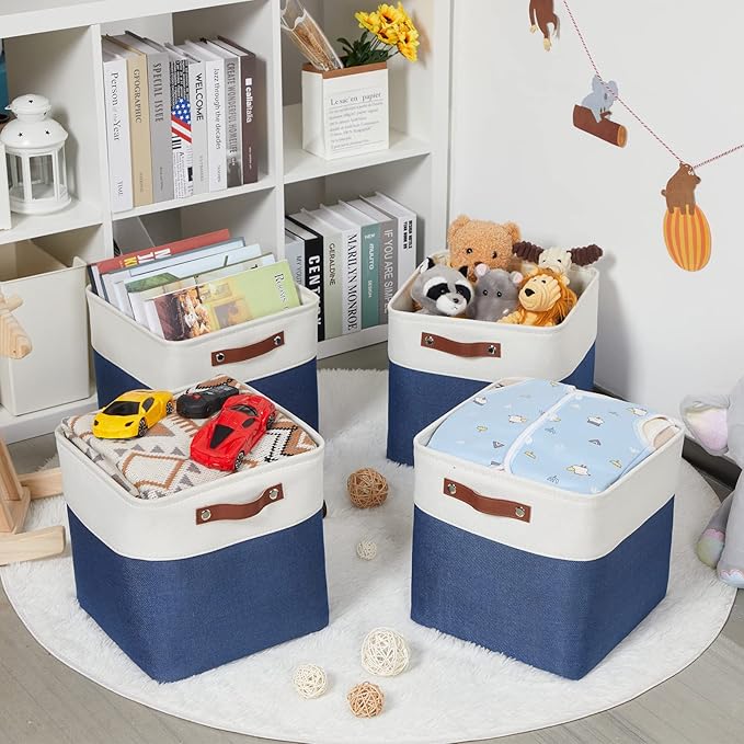 HNZIGE Fabric Storage Basket(4 Pack) Linen Baskets for Organizing,12x12 Storage Bins for Shelves,Towels,Blankets,Toys with Leather Handles(White&Blue)
