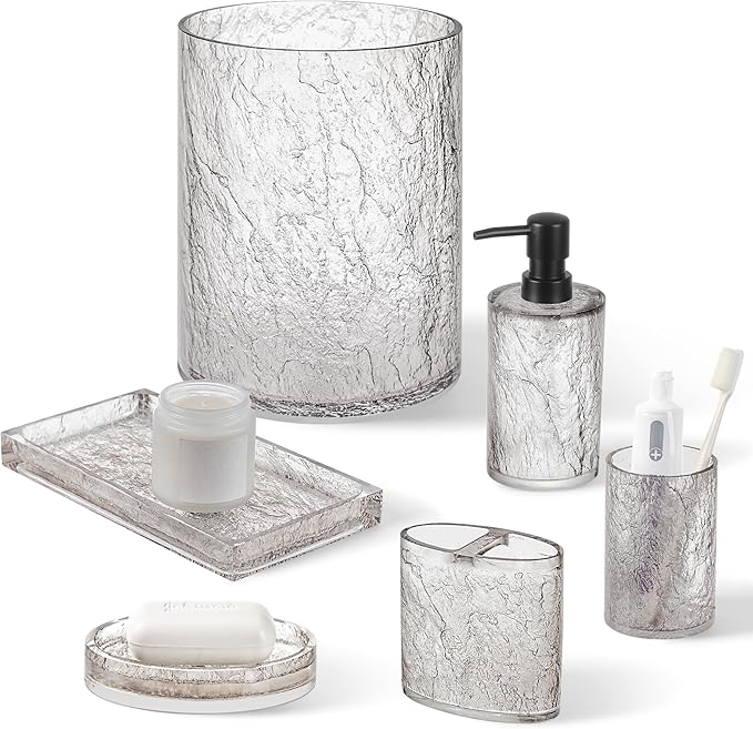 Modern Luxe Bathroom Accessories Set 6 Pcs Resin Bathroom Accessory Set Soap Dispenser Toothbrush Holder Tumbler Soap Dish Tray Trash Can Easy to Clean Crackle Pattern Translucent Black