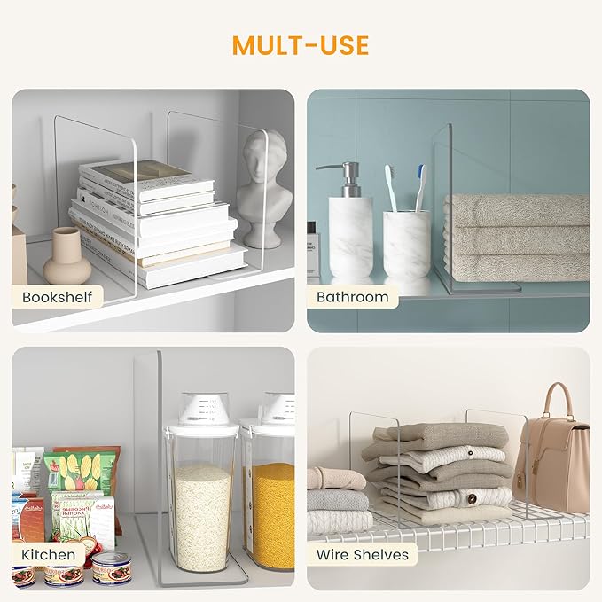 OKPOW Shelf Dividers for Closet Organizer: 12 Inch Tall Acrylic Clear Closets Organization Storage for Sweater Clothes Bag Purse Towel - 12 Pack Adjustable Plastic Vertical Separators for Wood Cabinet