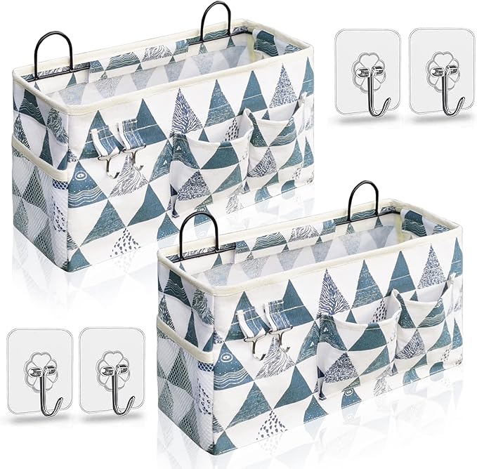 Kanrichu 2pcs Large Wall Hanging Organizer Bag, Linen Fabric Door Hanging Storage Baskets with Pockets, Waterproof Bin for Kitchen, Bedroom, Office, RV Camper (Triangle)