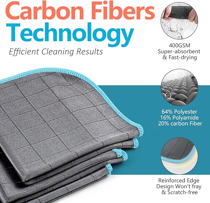 Airlab Carbon Microfiber Towels for Car Glass Window Polishing Cleaning Cloth Auto Detailing Lint Free Streak Free Drying Car Wash Large Towel, Pack of 3, 12" x 12", Grey-Blue