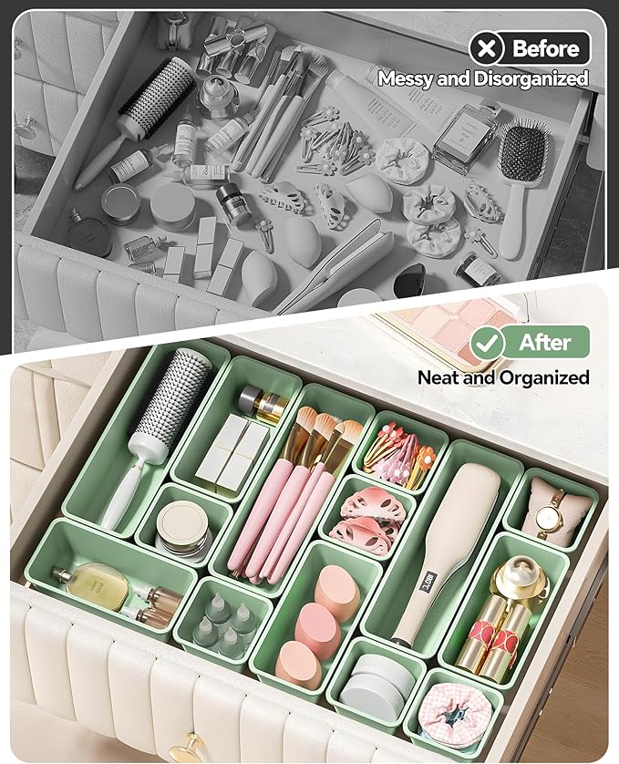 13 Pack Plastic Drawer Organizers Set, 3 Sizes Desk Drawer Organizer Trays for Vanity and Makeup Organizer, Organization and Storage for Makeup, Kitchen Utensils, Bathroom and Office(Green)