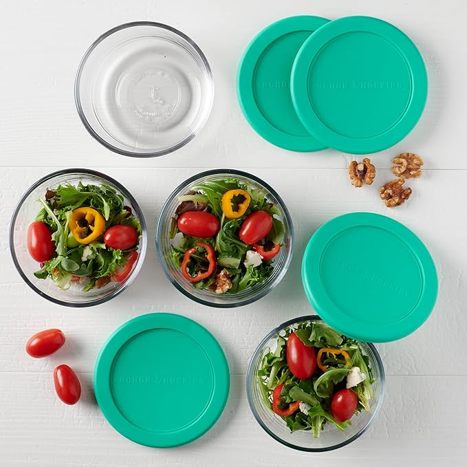 Anchor Hocking 2 Cup Glass Storage Containers with Lids, Set of 4 Glass Food Storage Containers with Mint SnugFit Lids (Pack of 2)