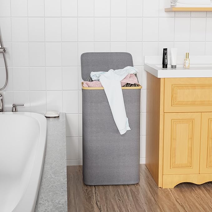 SUOCO Laundry Hamper with Lid, 29 Gal (110L) Clothes Basket with Bamboo Handles, Large Foldable Laundry Hamper for Bedroom, Bathroom, Dorm, Laundry Room - Grey