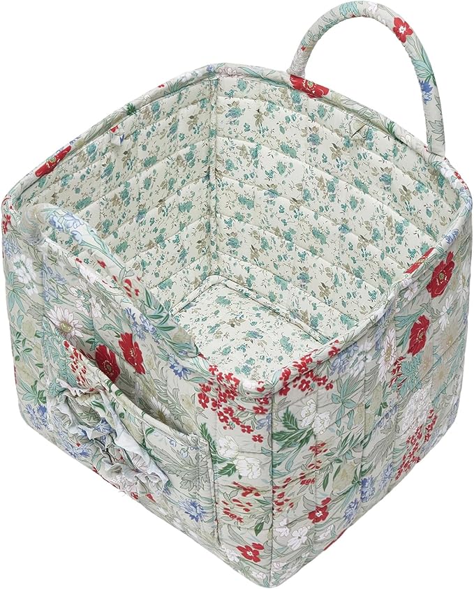 Boho Fabric Storage Basket, Large Capacity Laundry Basket, 12.2'' x 10.23'' x 10.23'' Collapsible Laundry Hamper with Easy Carry Handles (Ivory, L)