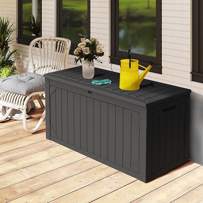 Outdoor Storage Box Waterproof, 100 Gallon Lockable Resin Deck Box Patio Storage Bin for Pool Accessories Cushion Furniture, Garden Tools, UV-Resistant Outside Delivery, Black