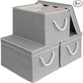 StorageWorks Storage Bins with Lids, Decorative Storage Boxes with Soft Rope Handles, Foldable Stackable Storage Baskets for Closet, Shelves, 3-Pack, Gray, Jumbo