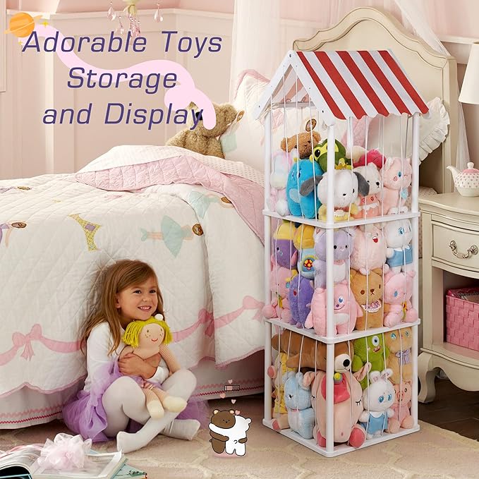 Stuffed Animal Storage, Space Saving Vertical Stuffed Animal Holder Wood, Easy Assembly Cottage-Style Plush Toys Organizer for Kids Bedroom & Playroom (White, Large)