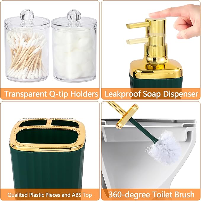 Bathroom Accessory Set,9 Pieces Dark Green Bathroom Accessories Set with Trash Can, Toothbrush Holder, Soap Dispenser, Toothbrush Cup, Vanity Tray, Soap Dish, Toilet Brush, Qtip Holder